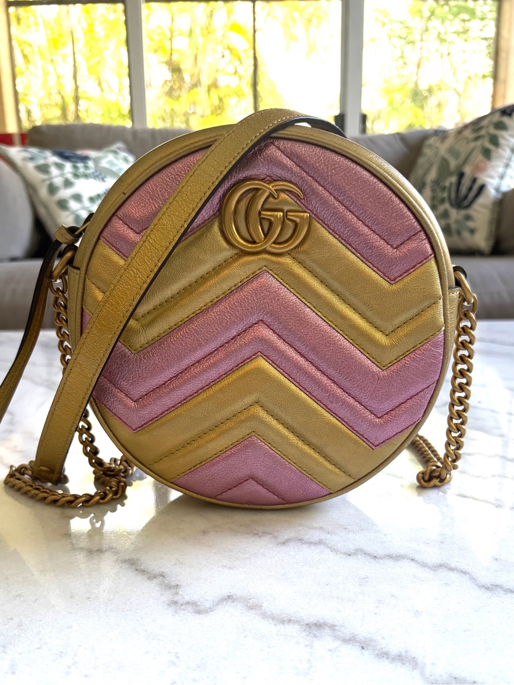 Gucci GG Circle Marmont Leather Pink and Gold Chevron Crossbody Bag